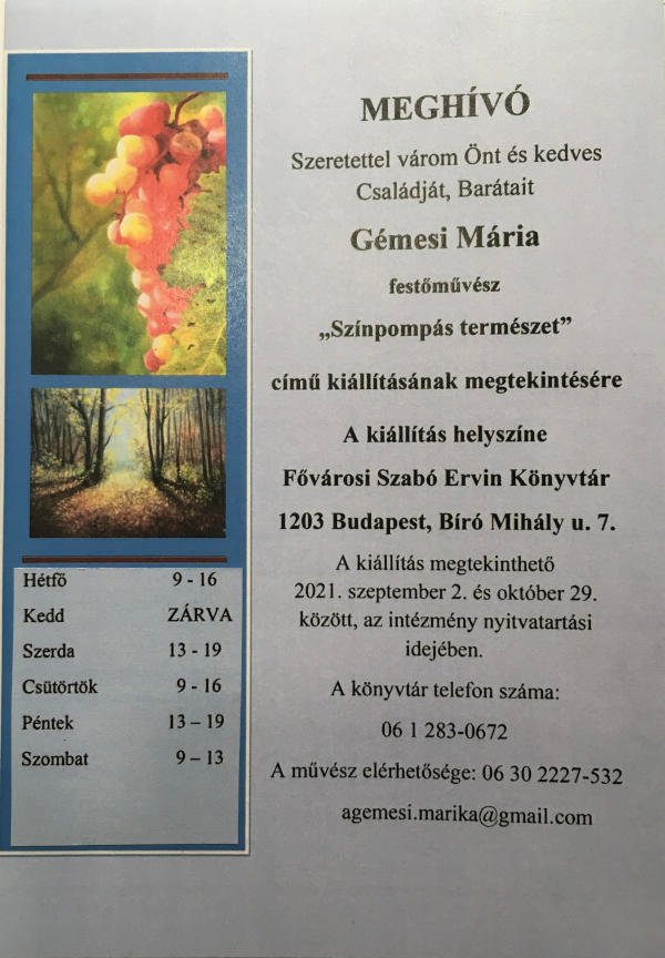 Színpompás természet c. kiállítás 2021. szeptember 2- október 29